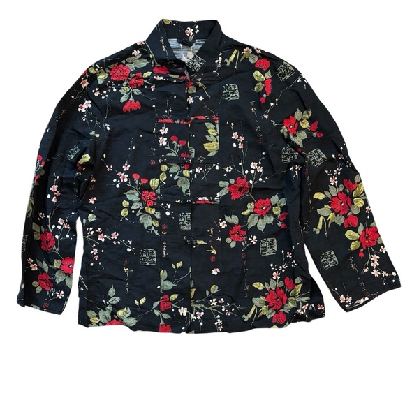 SilkLand Tops - Silkland Asian Print Textured Silk Floral Blouse Jacket Beaded Black Red XL